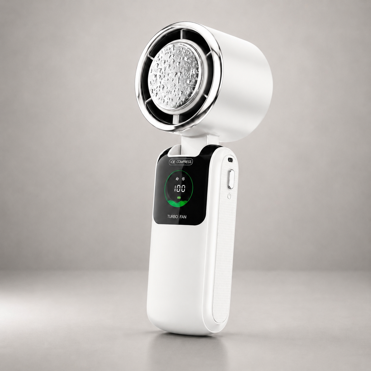 White cold compress handheld fan with silver accent ring