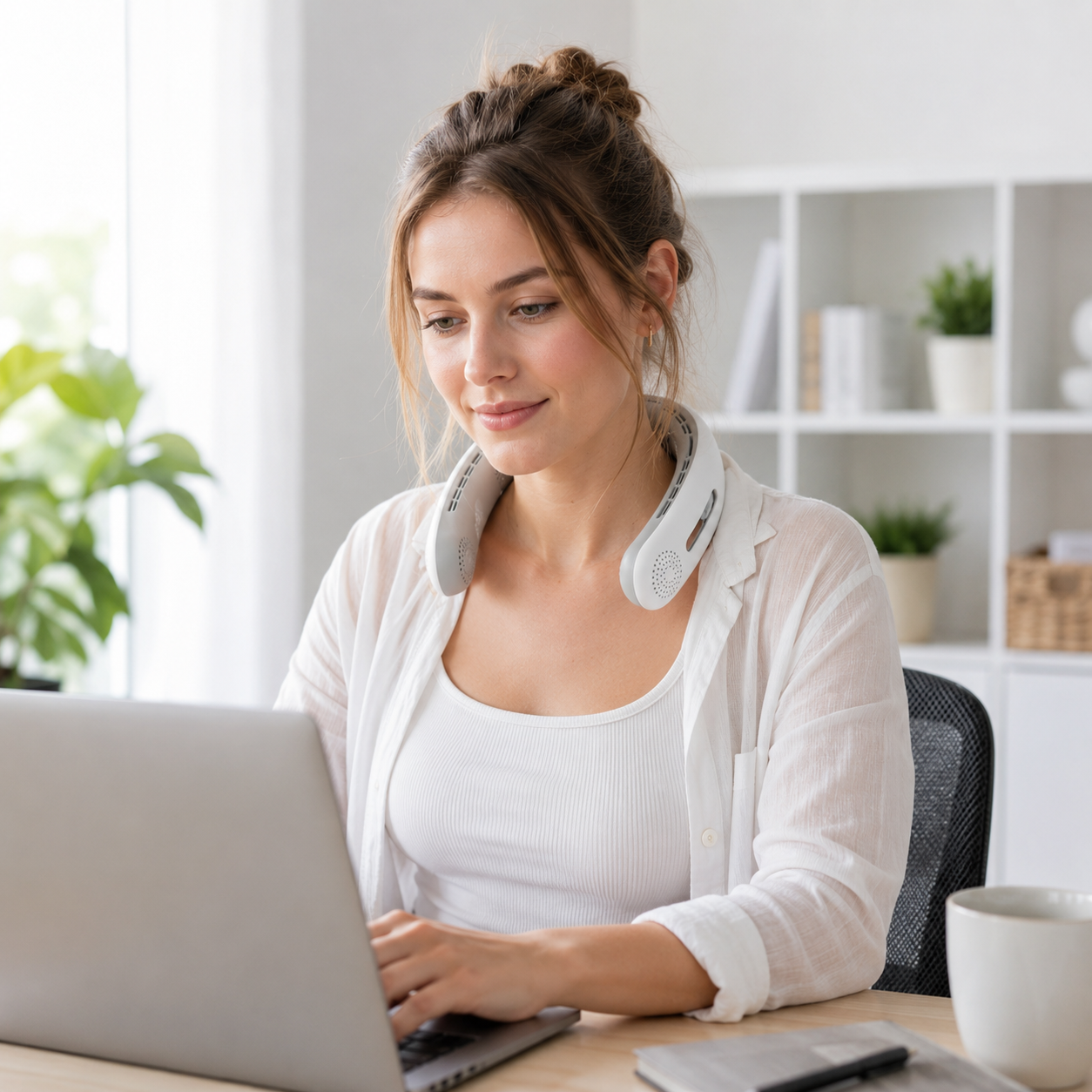 Woman wearing white bladeless neck fan while working at a desk
