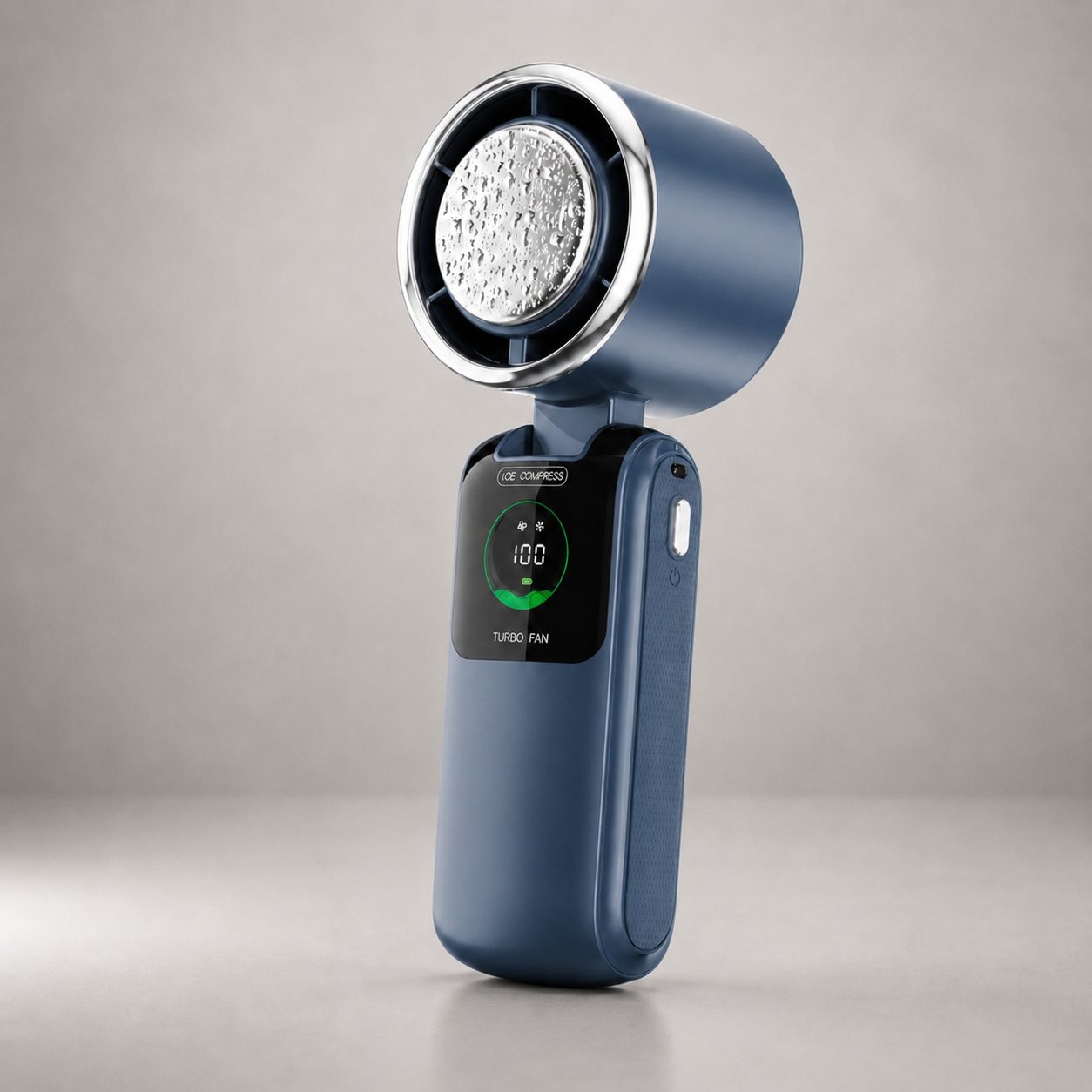 Blue cold compress handheld fan with silver accent ring