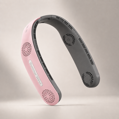 Pink bladeless neck fan, front angled view