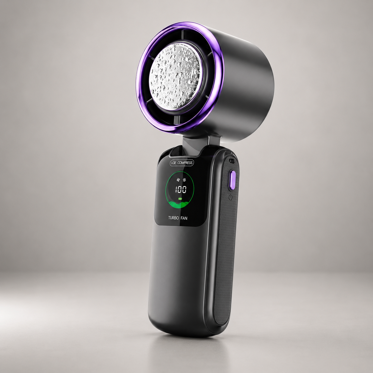 Dark grey cold compress handheld fan with purple accent ring