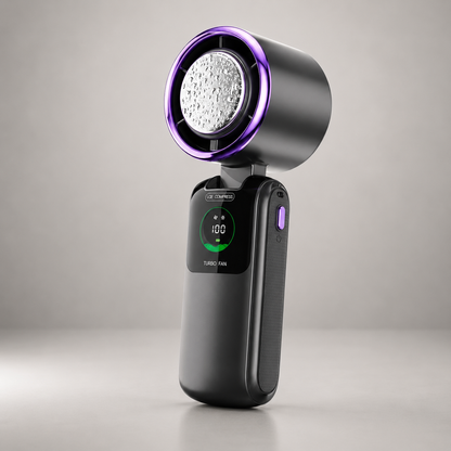 Dark grey cold compress handheld fan with purple accent ring