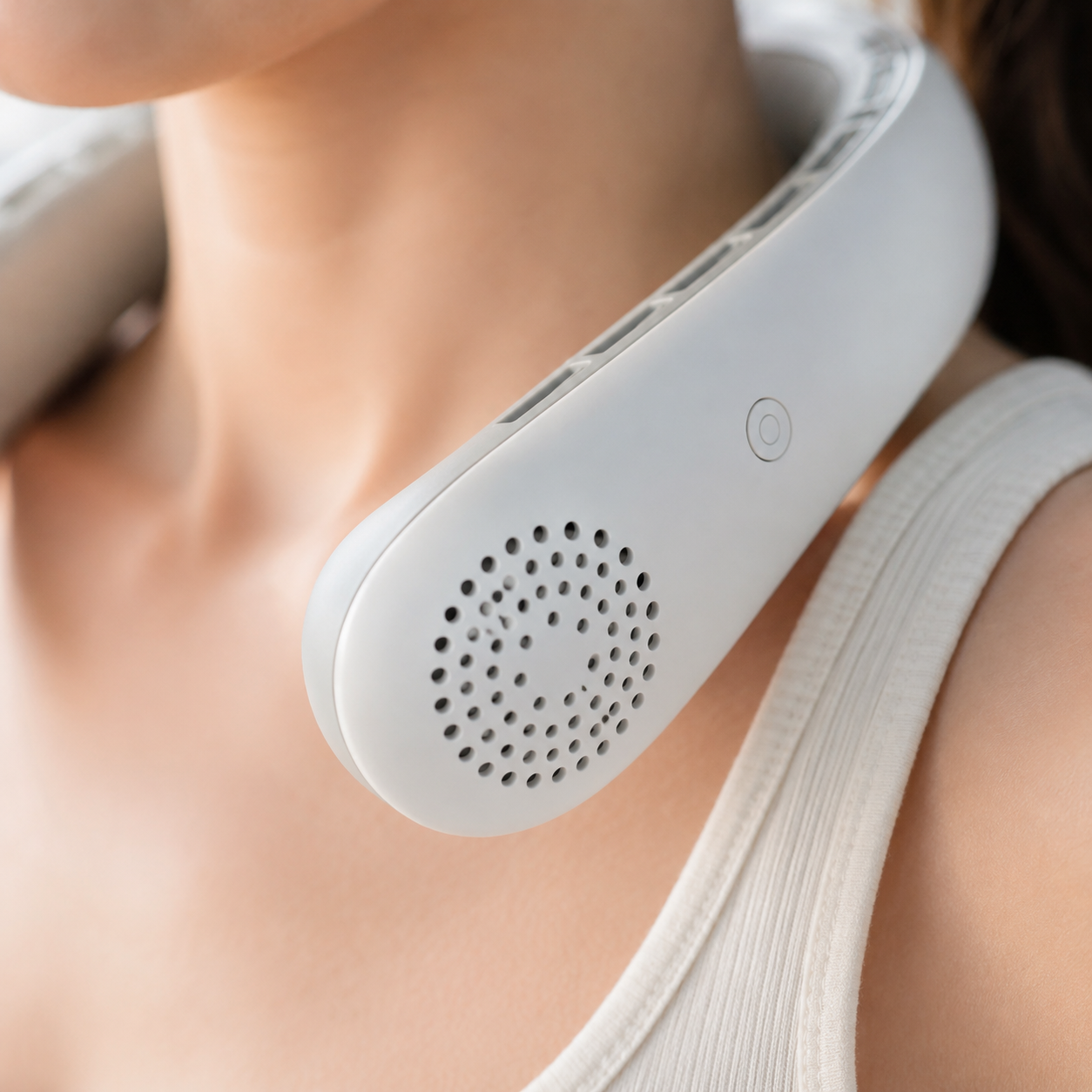 Close-up of the neck fan's air vents and control button