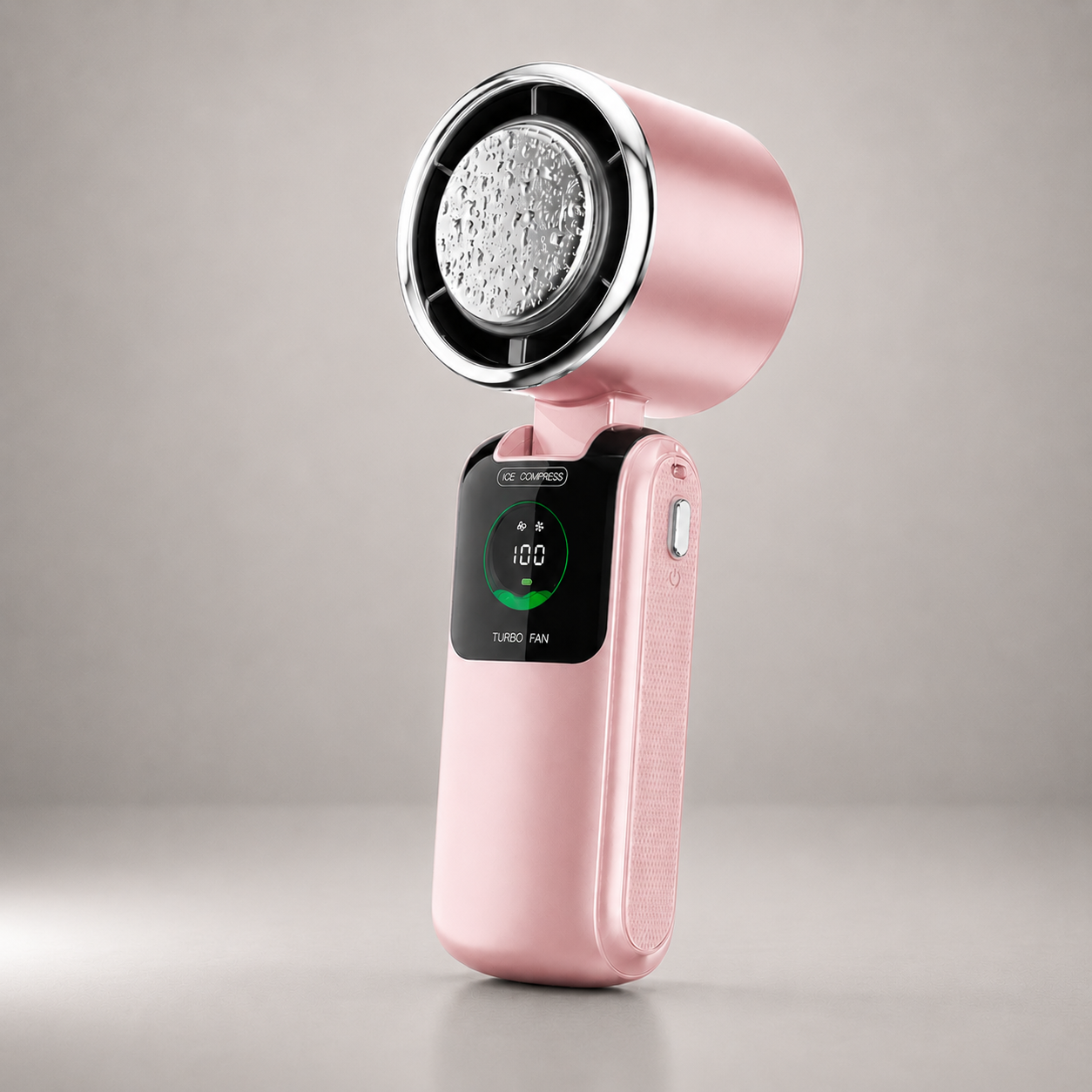 Pink cold compress handheld fan with silver accent ring