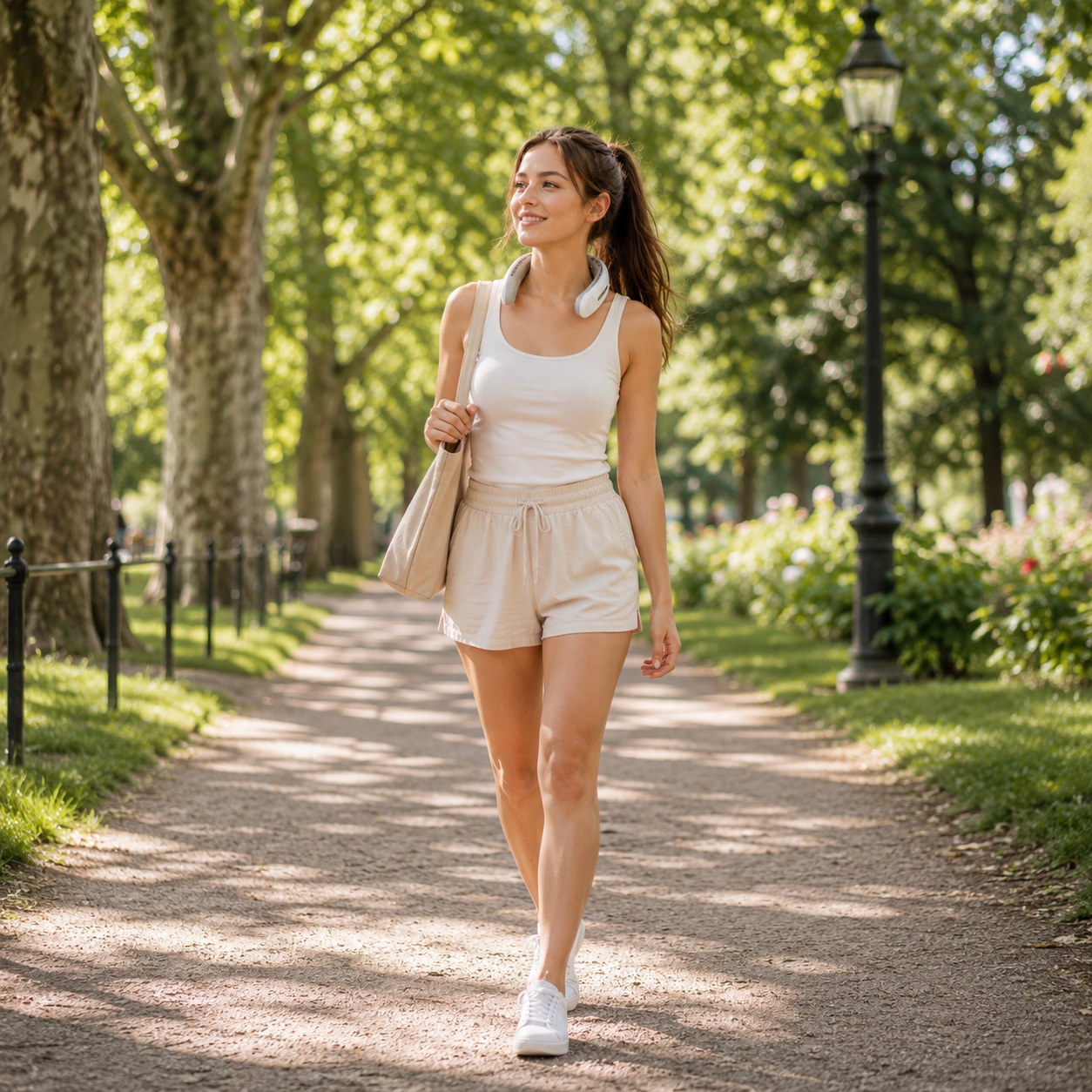 Woman walking in a park wearing a white bladeless neck fan