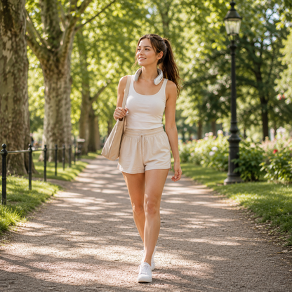 Woman walking in a park wearing a white bladeless neck fan