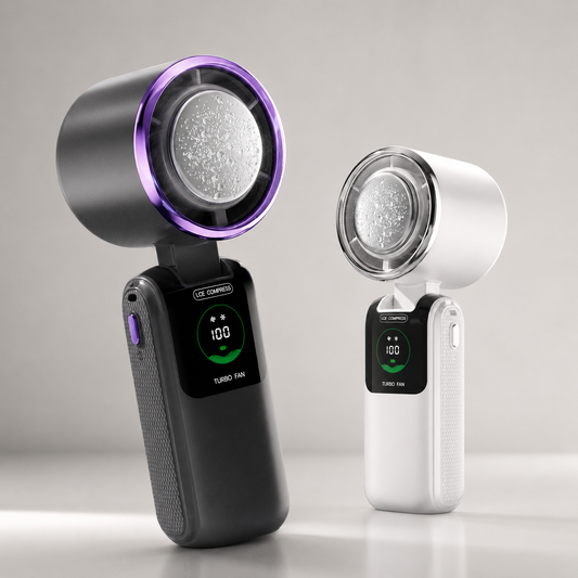 Dark grey and white Kartzy cold compress handheld fans