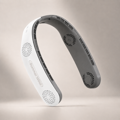 White bladeless neck fan, front angled view